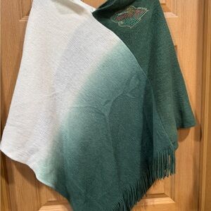 Green and White Poncho with Fringe